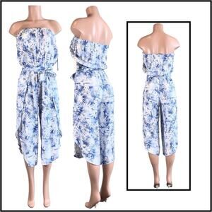 Ocean Drive Palm Leaf Side Slit Strapless Jumpsuit - Blue SZ M $36
